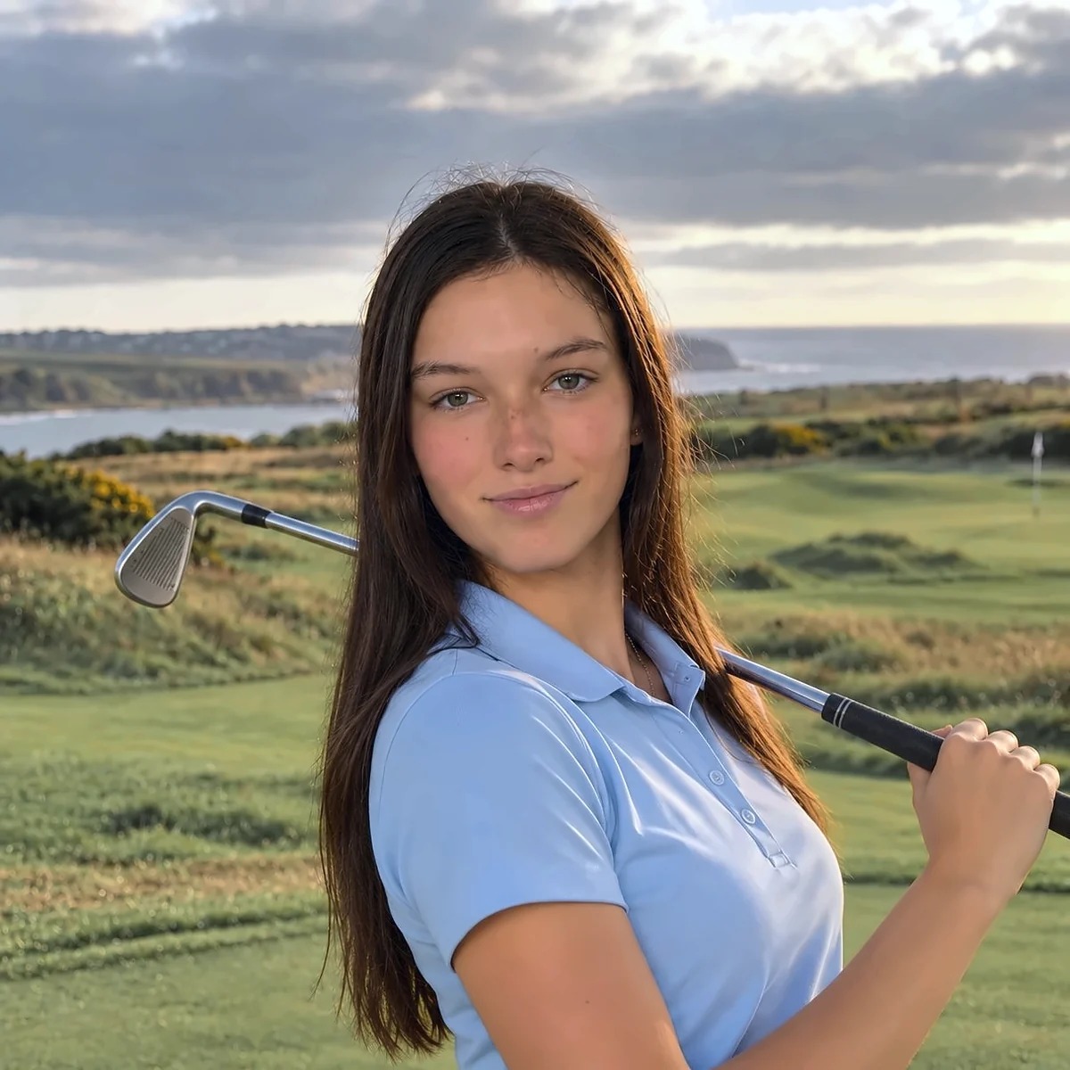 Portrait of golf coach Lili Brecken holding a club